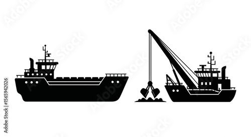 Two ships depicted in silhouette, one a cargo ship and the other a dredger with a crane and clamshell bucket.