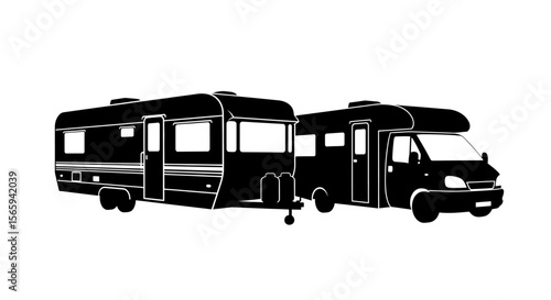 Black silhouettes of a campervan and caravan, ready for adventure.
