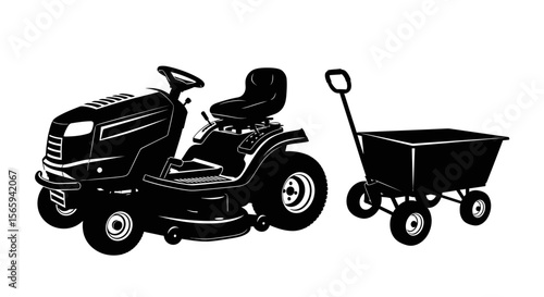 Silhouette illustration of a lawnmower and a garden cart.