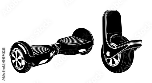 Black and white illustration of a hoverboard and its wheels.