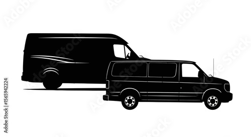 Two black silhouette vans, one larger than the other, side-by-side, possibly indicating transportation or delivery.