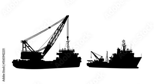 Silhouetted view of two industrial ships with cranes, on white background.