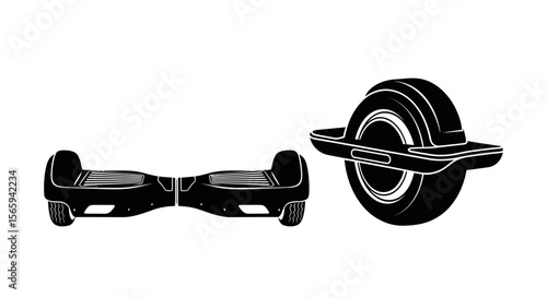 Illustration of a hoverboard and a one-wheeled self-balancing board, both depicted in black against a white background.