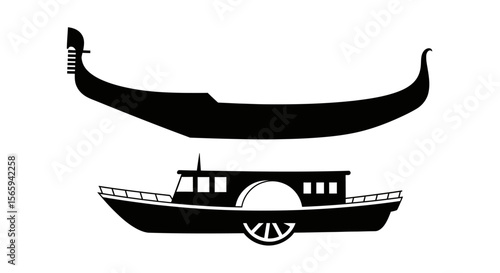 Silhouette comparison: Venetian gondola and paddle steamer boat.