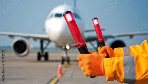 Directing Airplane with Lighted Wands on Airport Tarmac