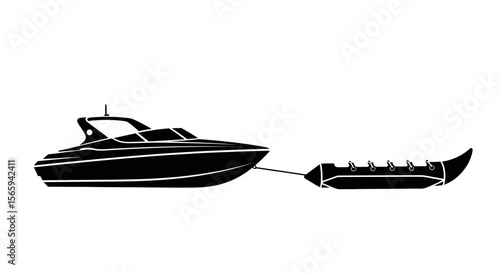 A motorboat pulling a banana boat across the water, ready for recreational fun.