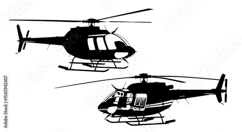 Two black and white helicopter silhouettes, side view, on a plain white background.