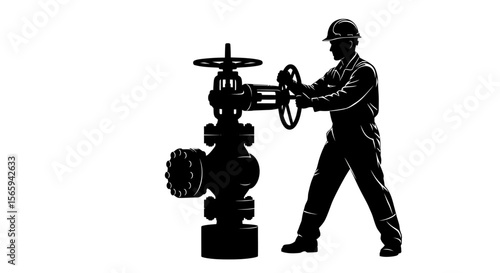 Silhouette of a worker operating a complex oil rig valve.