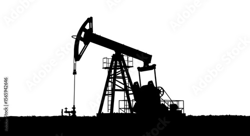Silhouette of an oil pump jack against a bright white background.