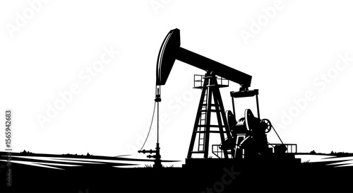 Silhouette of an oil pump jack operating in a flat landscape, extracting petroleum resources.