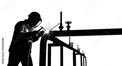 A welder meticulously repairs industrial pipelines, sparks flying, showcasing skilled craftsmanship and maintenance.