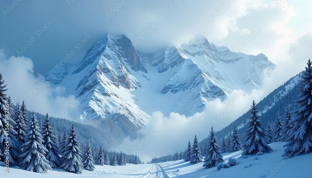 Obraz premium A majestic mountain range shrouded in a heavy snowstorm, with swirling snow obscuring the peaks and creating a dramatic, winter wonderland scene , snow, range