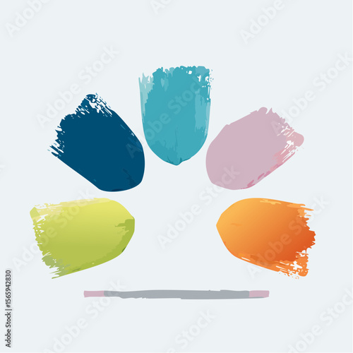 A clean vector flat lay with five painted brush-style color swatches in a spring blossom palette, gently arched on white. Soft, minimal, and carefully color-matched for harmony.