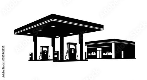 Simple black and white illustration of a gas station with pumps and a small convenience store.