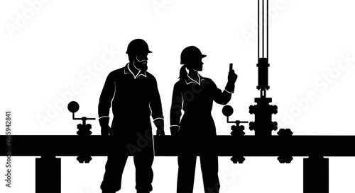 Silhouette of two workers inspecting industrial equipment, pointing upwards, and monitoring.