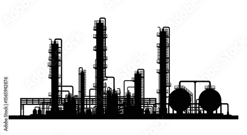 Silhouette of an industrial refinery complex with pipes, tanks, and towers.