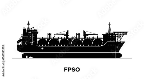 Silhouette of a floating production storage and offloading (FPSO) vessel, showcasing its structure and storage tanks.