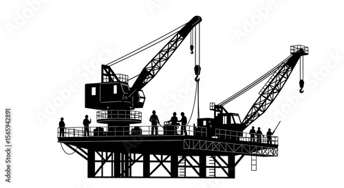 Offshore oil rig silhouette with workers and cranes, depicting industrial activity.