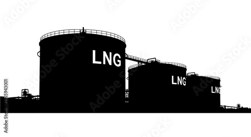 Silhouette of large LNG storage tanks at an industrial facility.