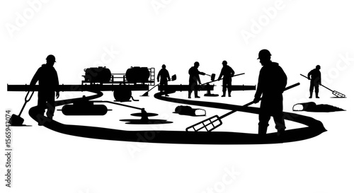 Silhouetted workers cleaning a contaminated area with various tools and equipment.