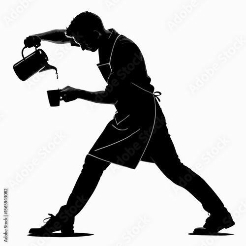Barista Silhouette Pouring Coffee Black and White coffee pot