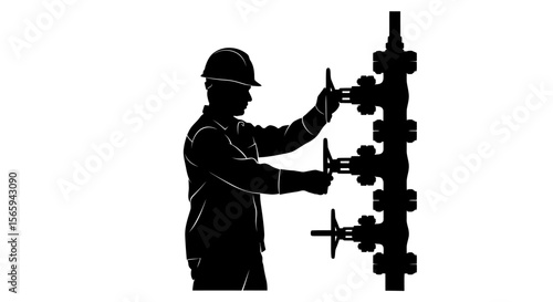 A silhouetted worker operates industrial valves on a pipeline.