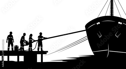 Silhouette of dockworkers assisting a large vessel docking at a pier.