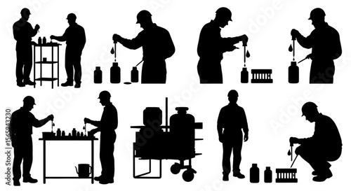 Silhouettes of workers in a lab setting, conducting experiments with bottles, tubes, and equipment.