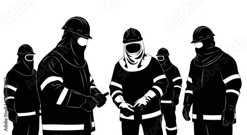 Silhouette of firefighters in protective gear, standing and interacting.