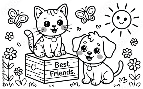 Adorable Best Friends Coloring Page Cat on Box, Puppy, Sun, and Butterflies Outline