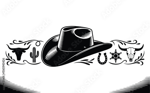 Black and White Cowboy Hat with Cactus, Horseshoe, Sheriff Star, and Bull Skulls Art