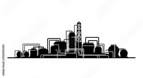 Silhouette of an industrial complex featuring tanks, towers, and connecting pipelines against a white background.