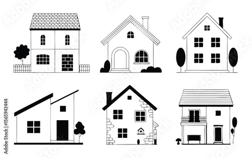 Black and White Illustration of Six Stylized Houses with Various Architectural Styles