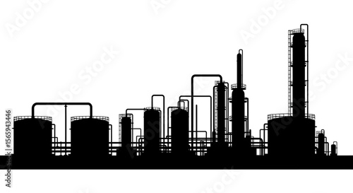 Silhouette of an industrial oil refinery complex against a white background.