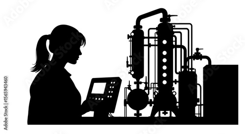Silhouette of a woman operating complex machinery with pipes and a control panel, possibly in a lab or industrial setting.