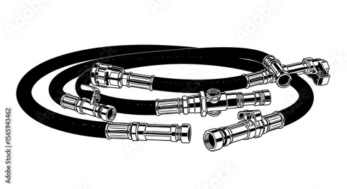 Black coiled hoses with metallic connectors, technical diagram.