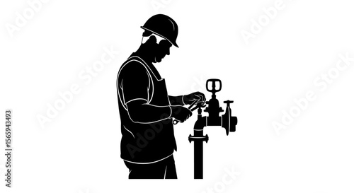 Silhouette of a worker wearing a hard hat and vest, adjusting a valve on a pipe.