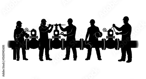 Silhouette of workers operating valves on a large pipe, wearing hard hats and using tools.