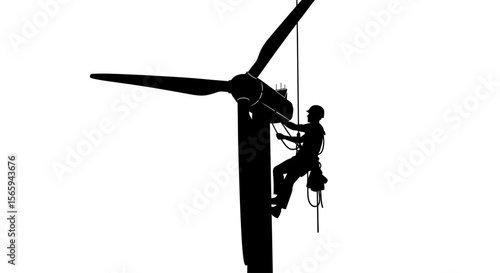 Silhouette of a worker climbing a wind turbine for maintenance, secured by ropes.