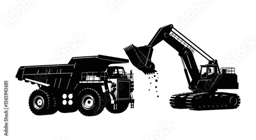 Excavator loading a large dump truck with material, black and white illustration.