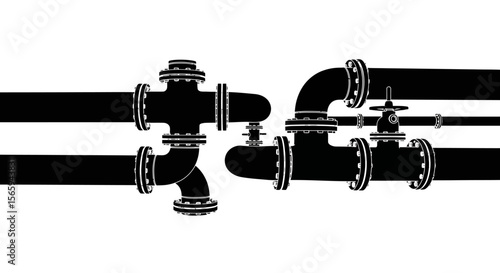 Black and white graphic illustration of industrial pipes and fittings, showing connections.