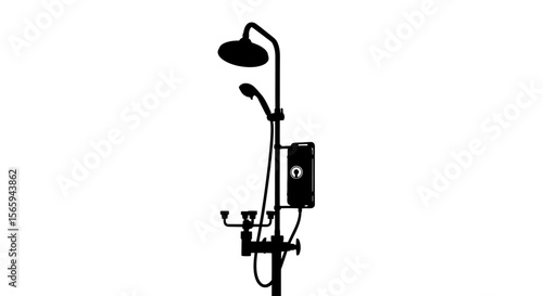 Silhouette of a shower system, including a shower head, handheld sprayer, water heater, and faucet, against a white background.