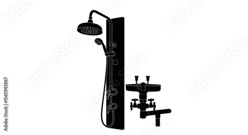 Modern black silhouette of a shower panel and basin faucet set, ideal for bathroom renovation.