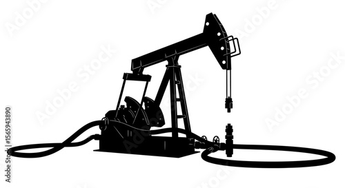 Silhouette of an oil pump jack extracting crude oil, with visible pipes and mechanical structure.
