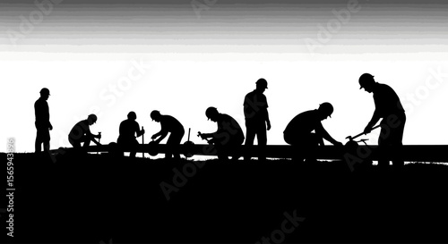 Silhouette of construction workers engaged in various tasks on a rooftop.