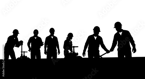 Silhouetted construction workers collaborate on a project, showcasing teamwork and industry expertise.