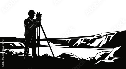 Silhouette of surveyor using theodolite near a waterfall.