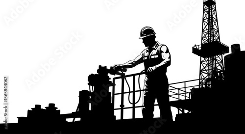 Silhouette of a worker operating machinery on an oil rig platform with a derrick in the background.