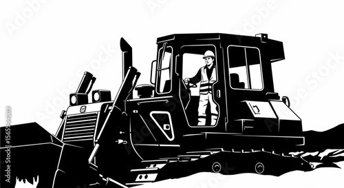 Black and white illustration of a bulldozer operator working.