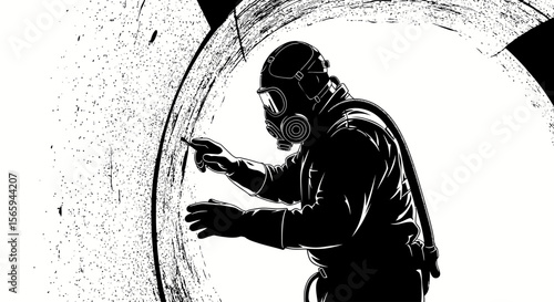 A masked figure meticulously sketches a curved design within a confined, textured space.